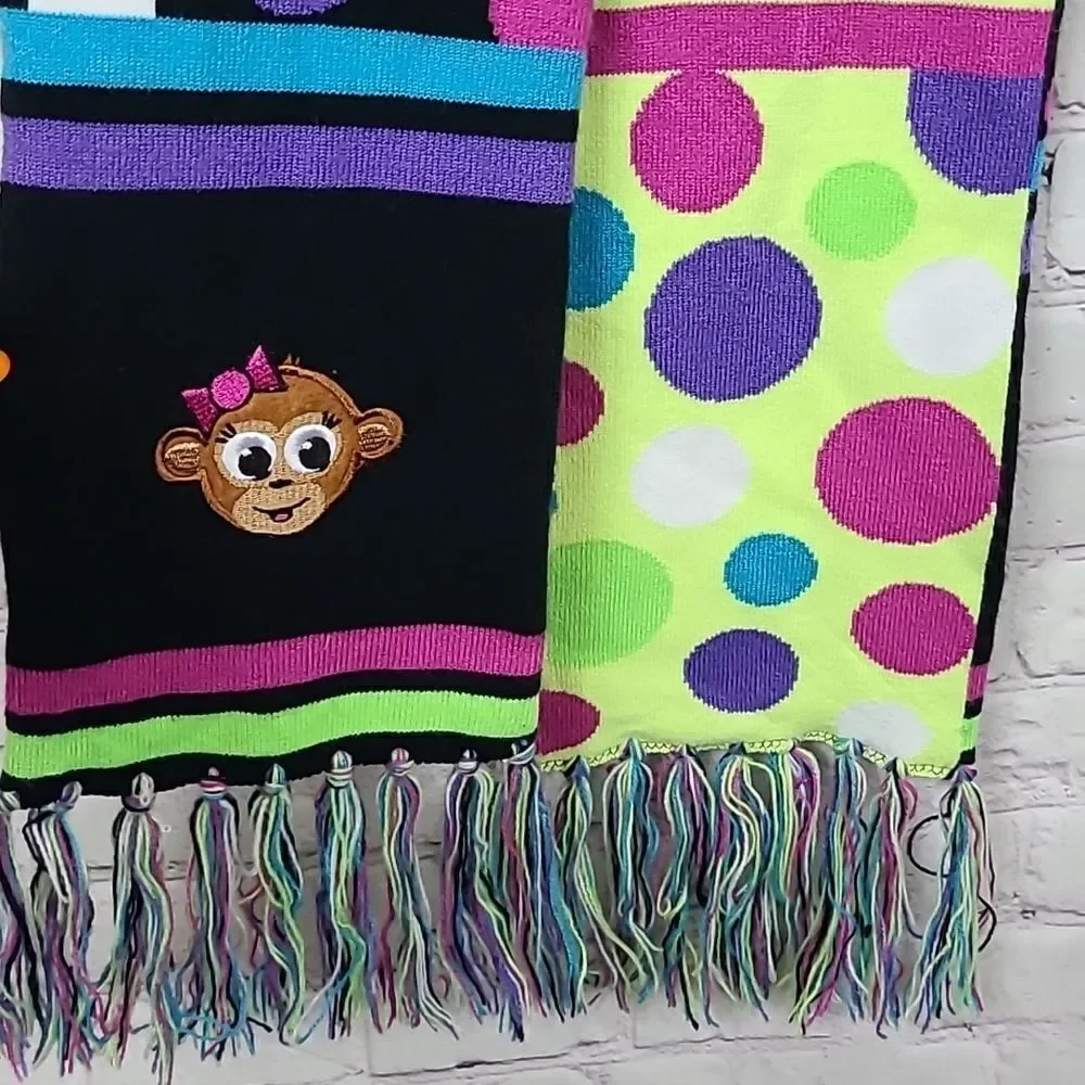 Justice Colorful Reversible Knit Fringe Trim Monkey Embroidered Long Scarf Dots